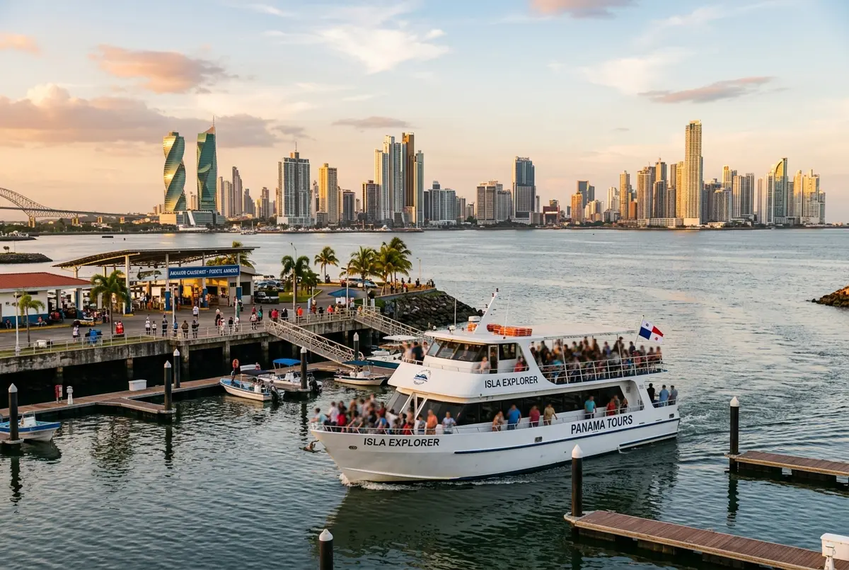 Tour boat departing the Amador Causeway wharf with the Panama City skyline visible across the bay, illustrating fuerte amador panama things to do