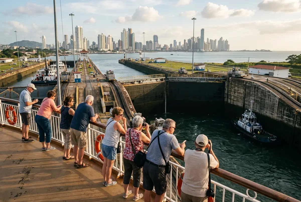 Crucero Royal Caribbean de gran tamaño zarpando de un puerto de Panamá al atardecer con el perfil de Ciudad de Panamá de fondo y pasajeros despidiéndose desde cubierta