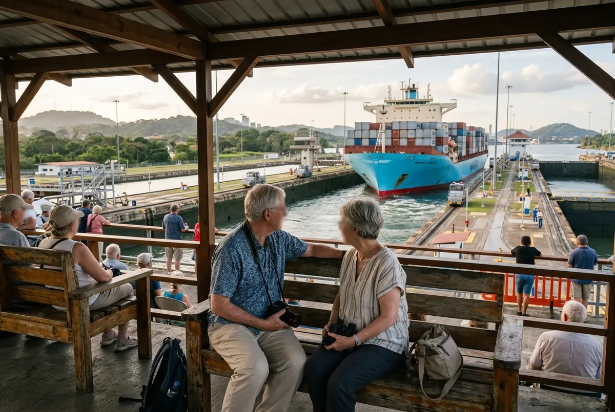 Older couple seated comfortably on the covered observation terrace at Miraflores Locks watching a ship pass on a panama canal tour for seniors