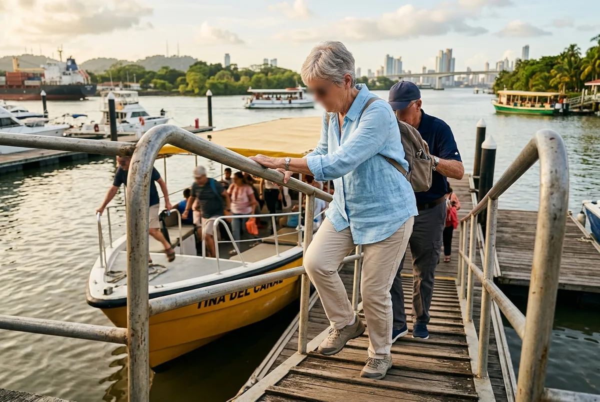 Older traveler using a handrail while boarding a canal tour boat, illustrating an accessibility consideration for a panama canal tour for seniors
