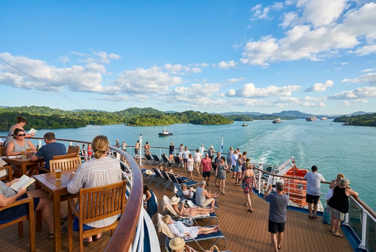 Kreuzfahrtpassagiere geniessen klaren Trockenzeit-Himmel an Deck waehrend der besten Reisezeit fuer eine Panamakanal Kreuzfahrt am Gatun-See
