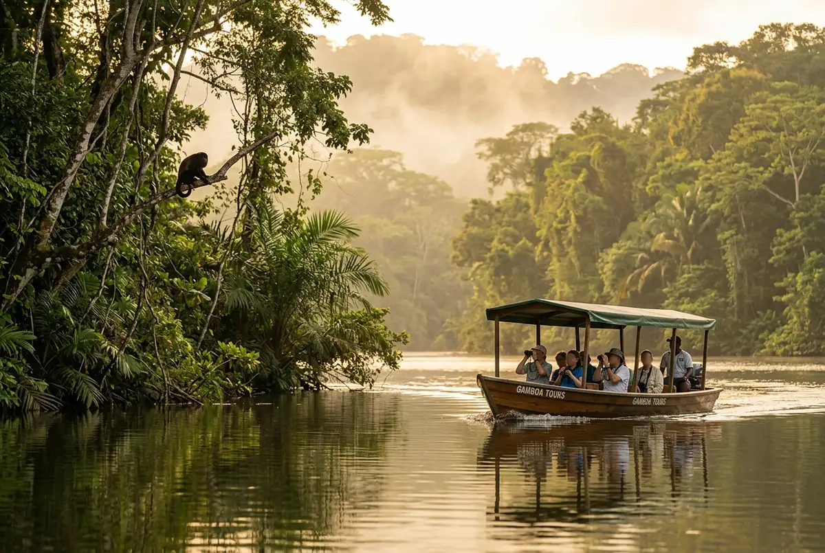 Early morning boat tour on Gatun Lake with soft golden light and a howler monkey visible on the shoreline, illustrating the best time gatun lake wildlife spotting window
