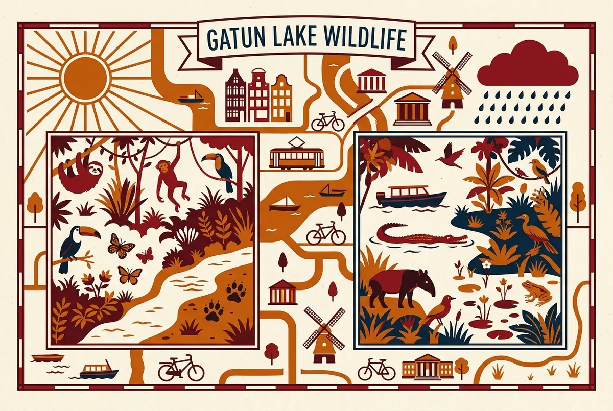 Simple seasonal infographic comparing dry season and rainy season icons for the best time gatun lake wildlife spotting, using generic sun and rain cloud symbols with no statistics