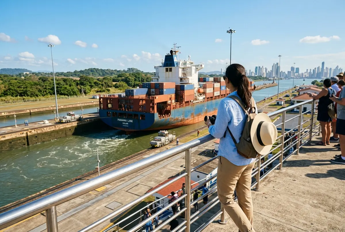 Traveler standing at the Miraflores Locks observation terrace under clear blue dry season skies watching a ship pass through the panama canal