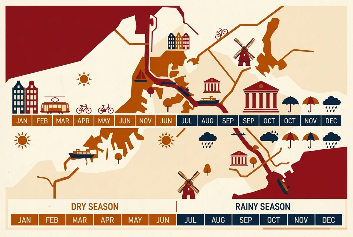 Simple month by month weather infographic for the Panama Canal showing the dry season months and rainy season months along a single calendar strip, using generic month labels only