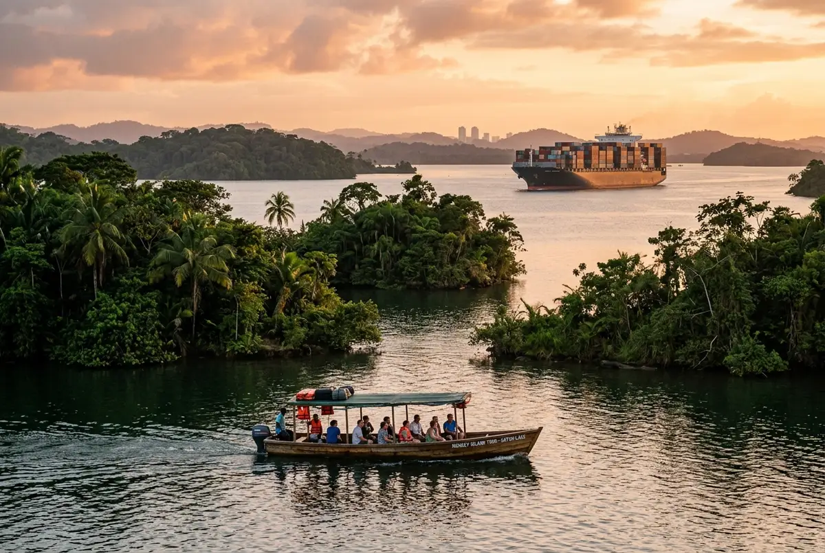 Small excursion boat crossing Gatun Lake on a monkey island tour panama with forested islands and a cargo ship in the distance at golden hour