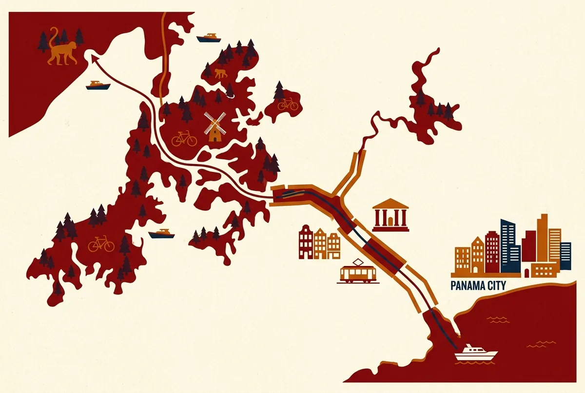 Simple route map for a monkey island tour panama showing the boat path from Panama City through Miraflores Locks to Gatun Lake's forested islands, using generic location labels only