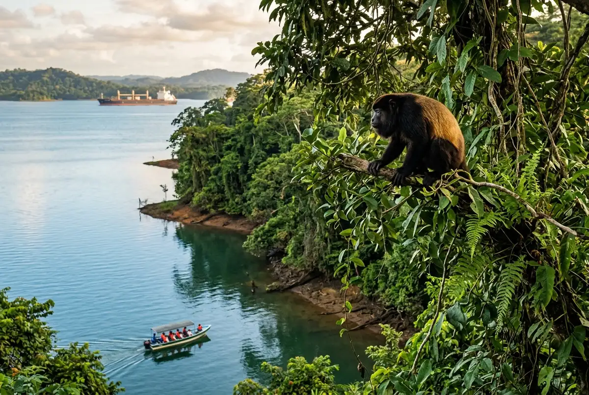 Howler monkey perched in a tree along the shoreline during a gatun lake wildlife tour with a small boat visible on the water below
