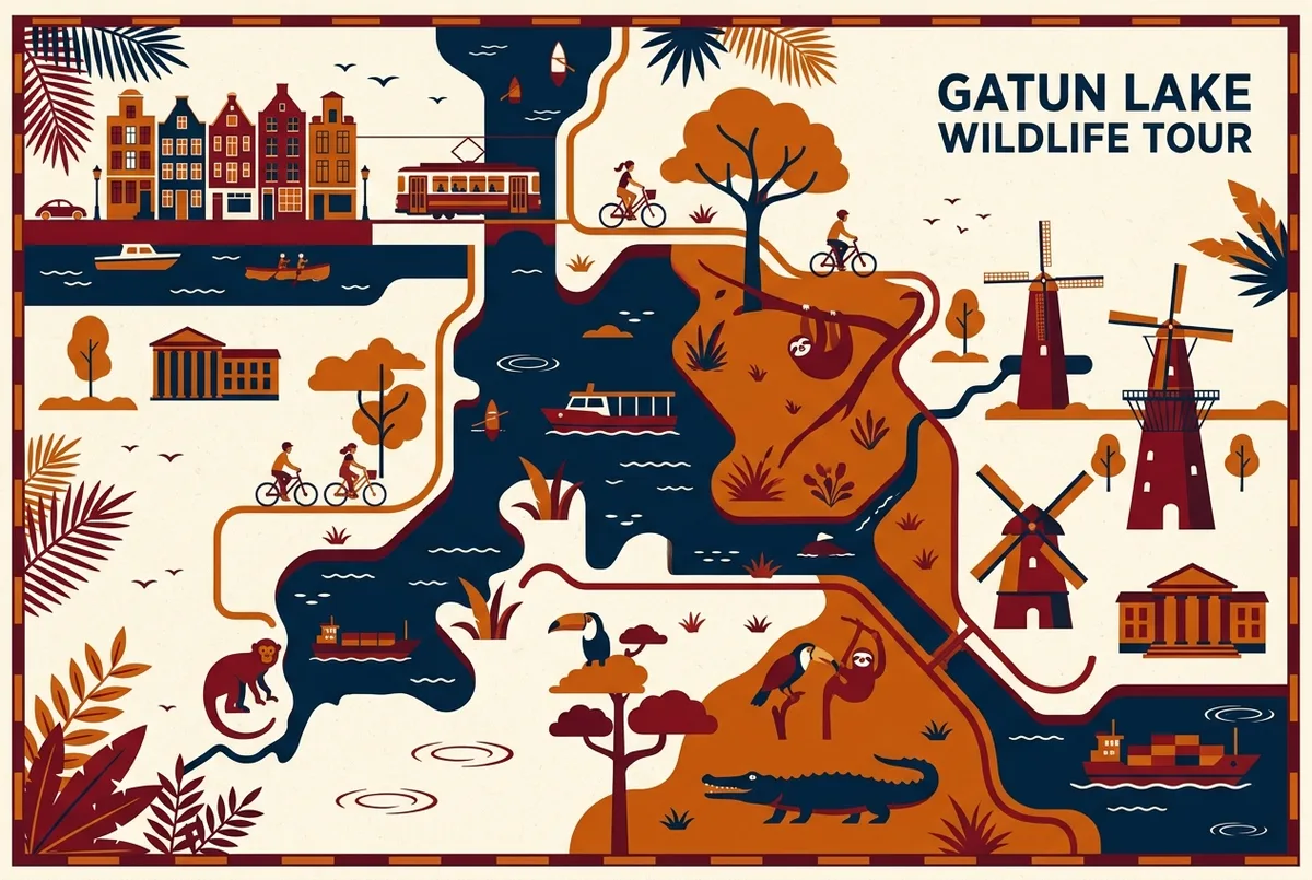 Illustrated wildlife checklist infographic for a gatun lake wildlife tour showing generic icons of a howler monkey, a sloth, a toucan and a caiman