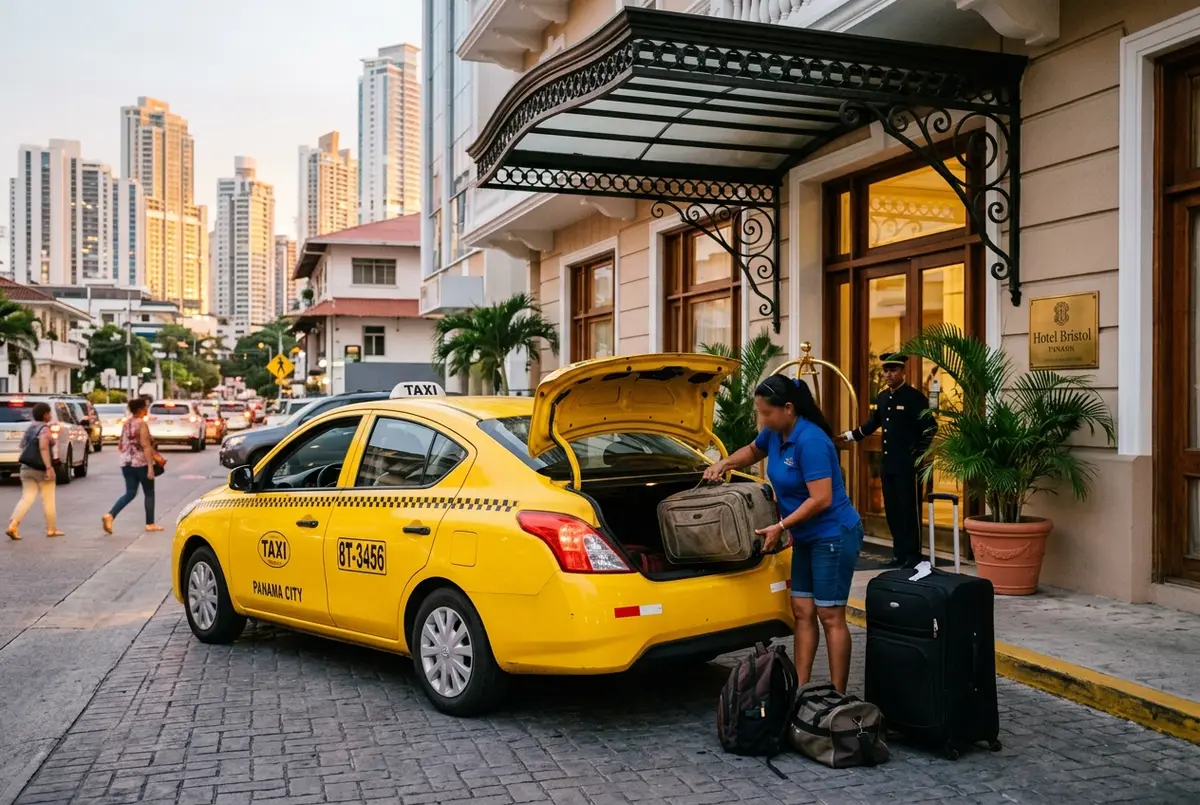 Turista revisando el mapa del Canal de Panamá en el teléfono dentro de un taxi camino a las Esclusas de Miraflores con el horizonte de Ciudad de Panamá al fondo