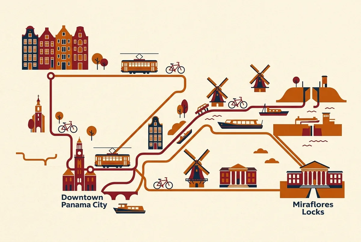Mapa ilustrado genérico mostrando la ubicación del Canal de Panamá entre Ciudad de Panamá y Colón, con la ruta hacia las Esclusas de Miraflores marcada con iconos simples de punto de interés