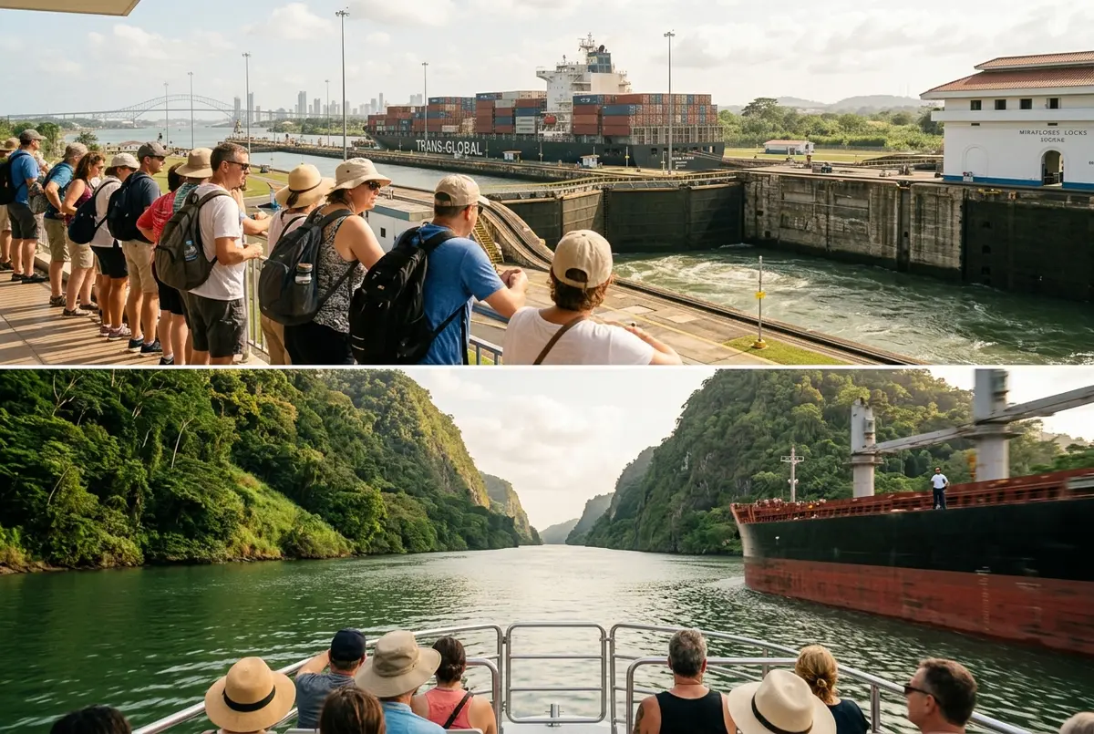 Split scene comparing a shorter panama canal half day tour at the Miraflores viewing terrace with a longer full day boat transit further down the canal