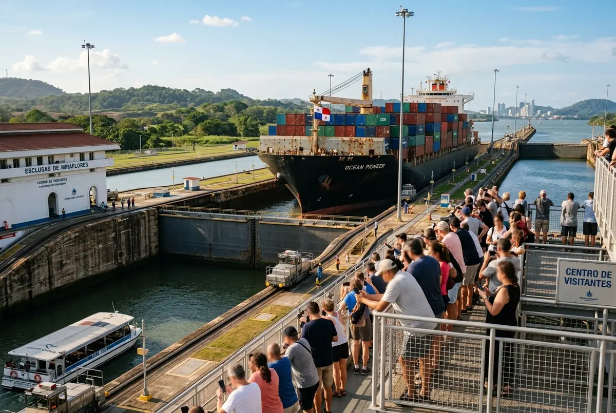 Cargo ship rising inside the Miraflores Locks chamber during a Panama Canal tour, with tourists watching from the visitor center observation terrace