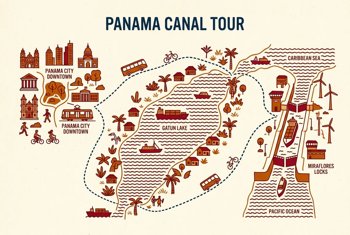 Illustrated route map of a Panama Canal tour showing Miraflores Locks, Gatun Lake and downtown Panama City connected by a dotted travel line