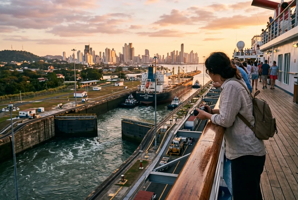 Crucero oceánico grande transitando lentamente por una cámara de esclusa del Canal de Panamá con pasajeros observando desde varias cubiertas al mediodía
