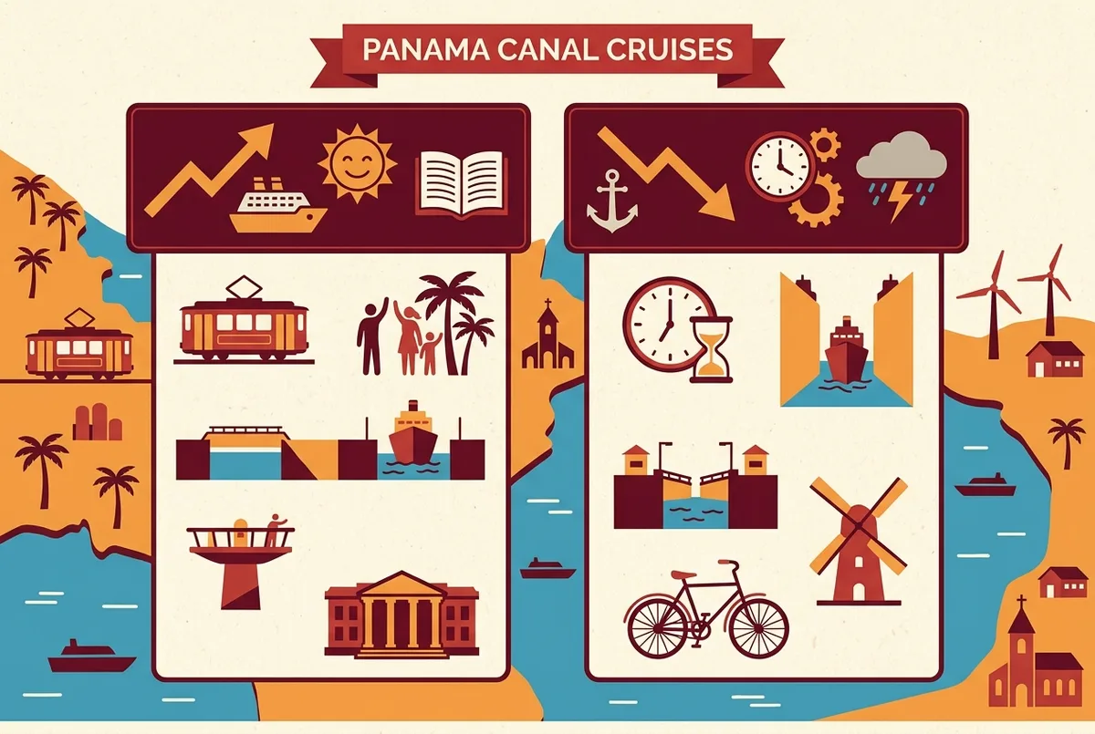 Mapa infográfico comparando la ruta larga de un crucero de tránsito oceánico frente a la ruta corta de un tour de un día por el Canal de Panamá con etiquetas genéricas de puerto