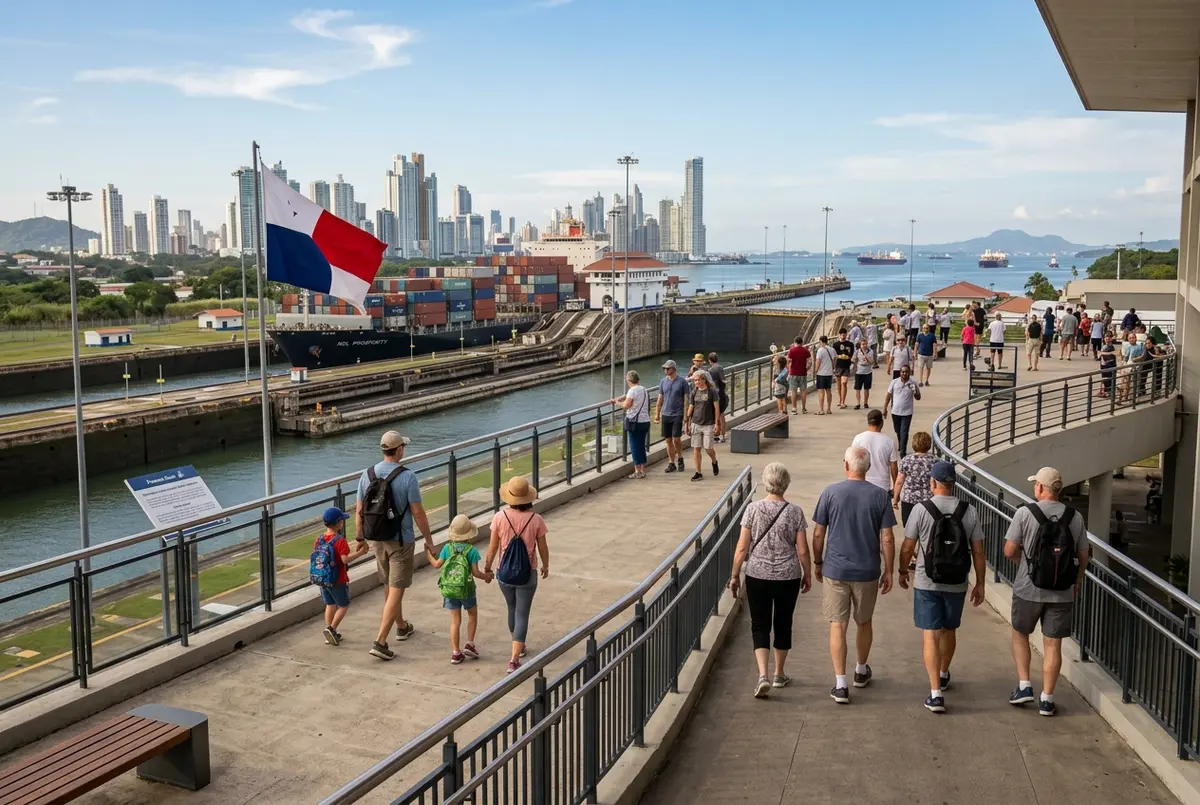 Families and travelers calmly walking the well lit Miraflores Locks observation terrace in daylight, illustrating that a panama canal visit is safe