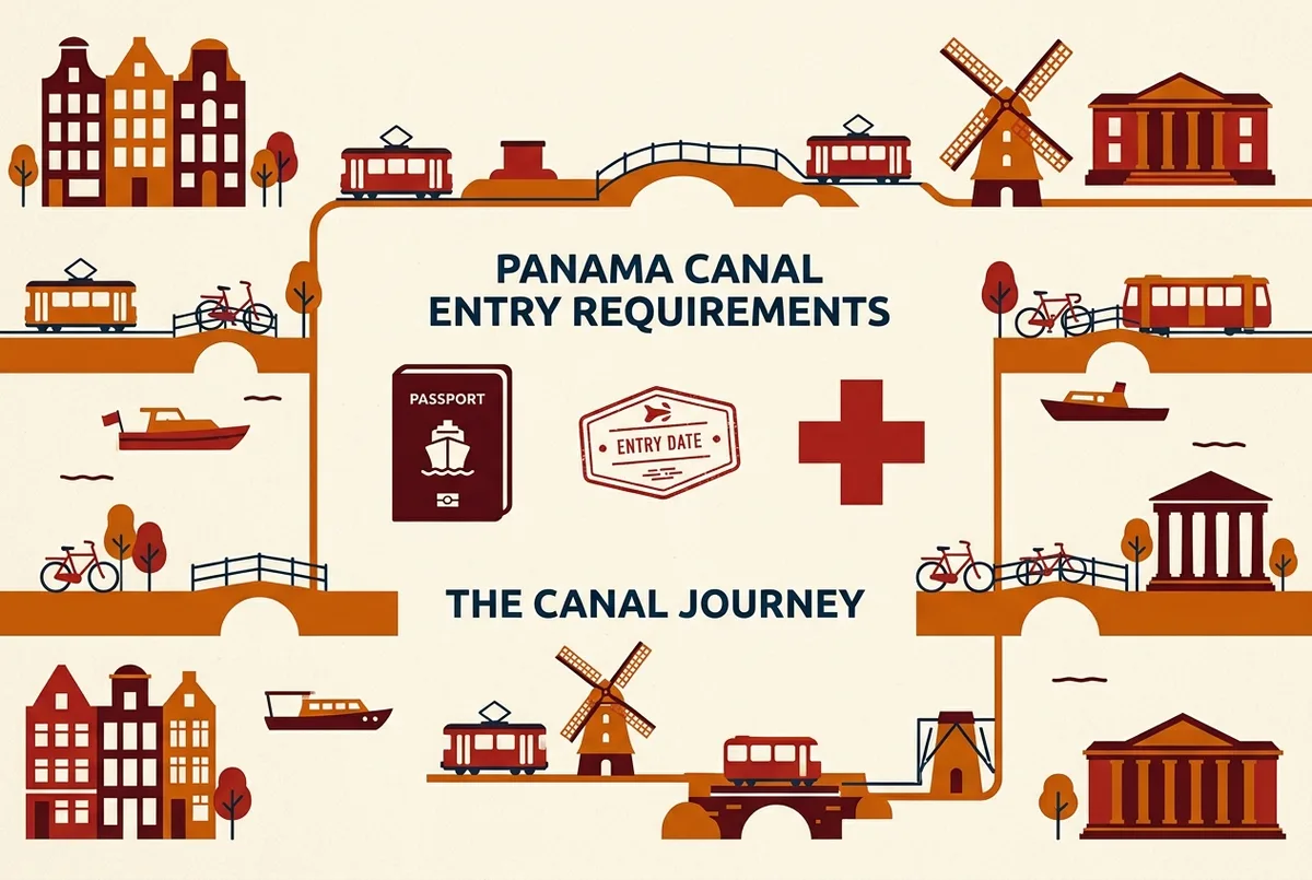 Simple checklist infographic showing generic icons for a passport, entry stamp and health cross symbol representing panama canal entry requirements, using no real dates or country names