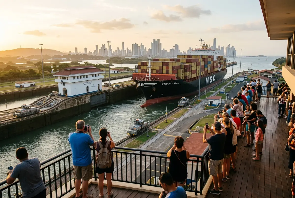 Turistas en la terraza de observación de las Esclusas de Miraflores viendo un buque de carga subir dentro de la cámara de la esclusa del Canal de Panamá al atardecer