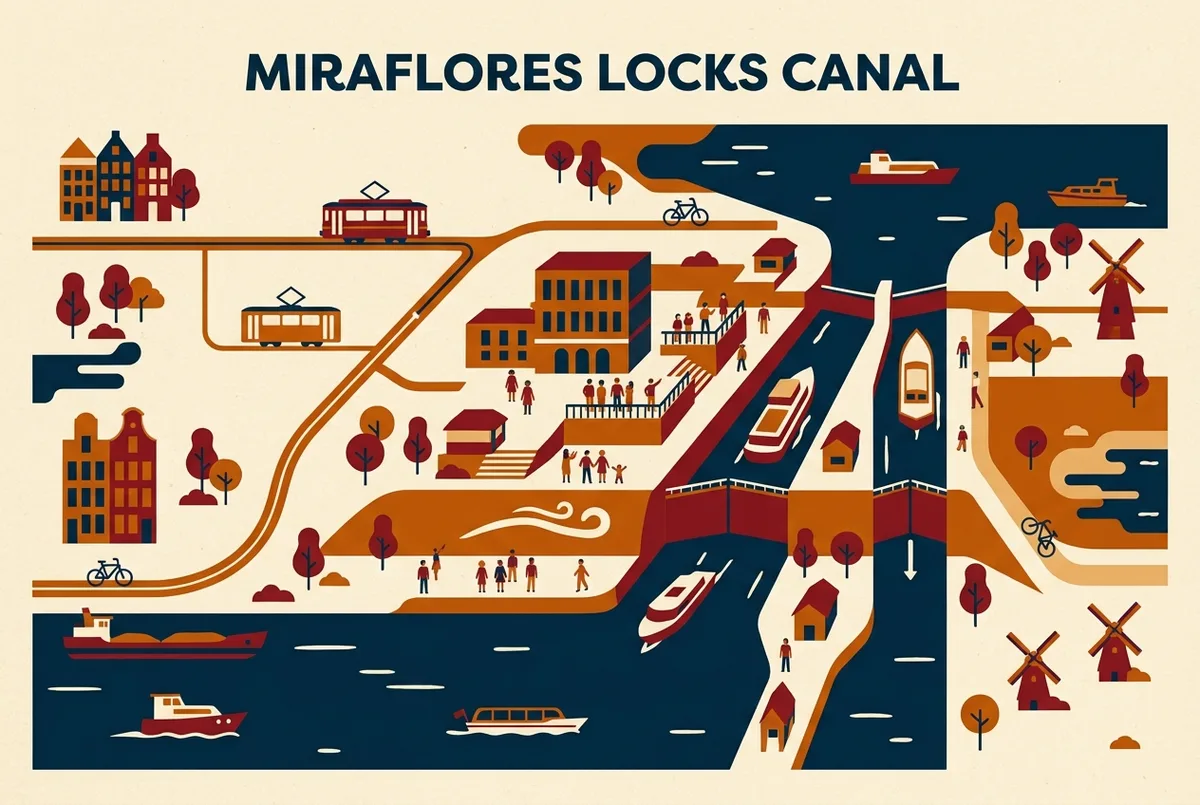 Mapa ilustrado del centro de visitantes de las Esclusas de Miraflores mostrando las terrazas de observación, la entrada al museo y la ruta de acceso desde Ciudad de Panamá