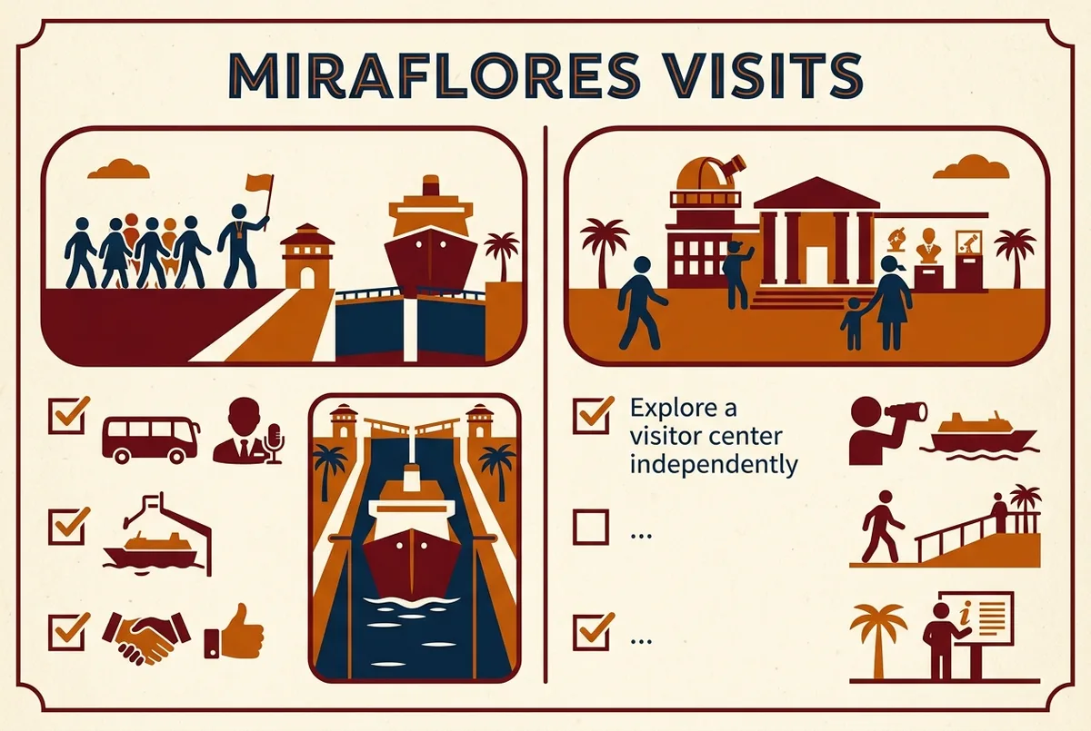 Simple pros and cons infographic comparing a guided Miraflores Locks tour against a self guided visitor center visit, using generic checklist icons