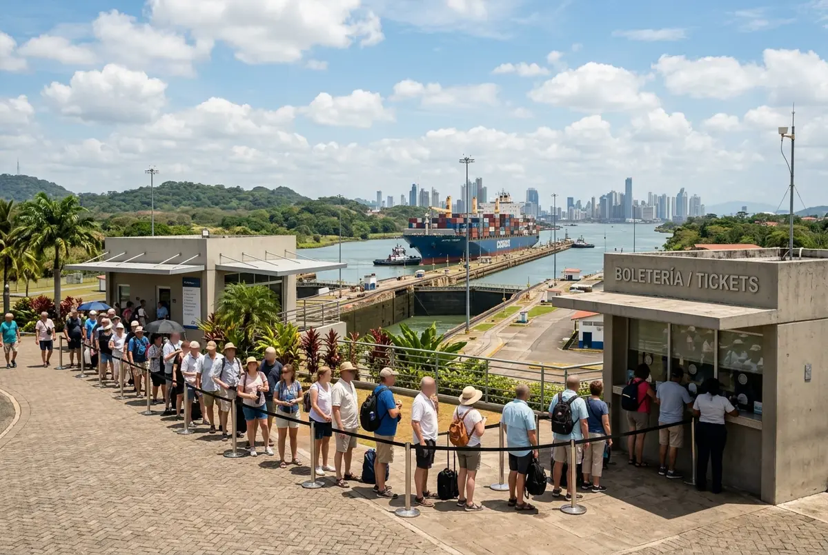 Viajero comprando entradas en el kiosco del centro de visitantes de las Esclusas de Miraflores del canal de Panamá en la mañana