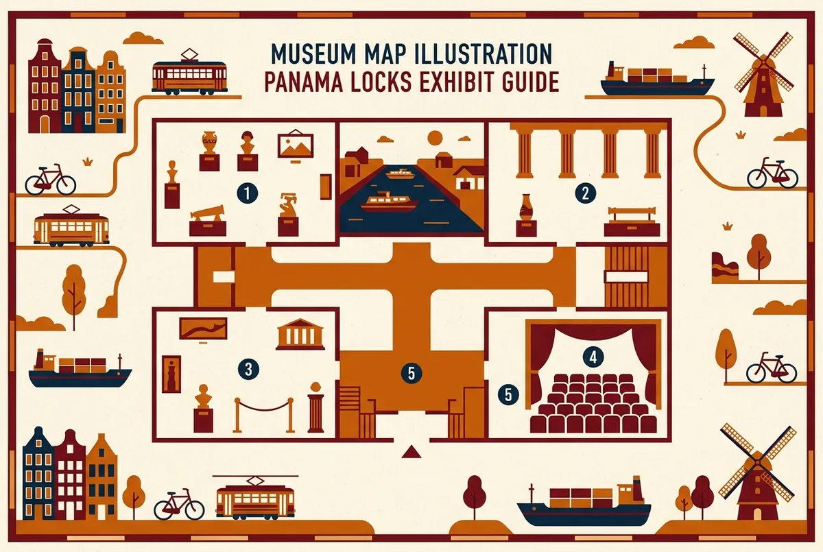 Simple floor plan style infographic of the four exhibit halls and the theater inside the Miraflores Locks museum, using generic numbered floor labels