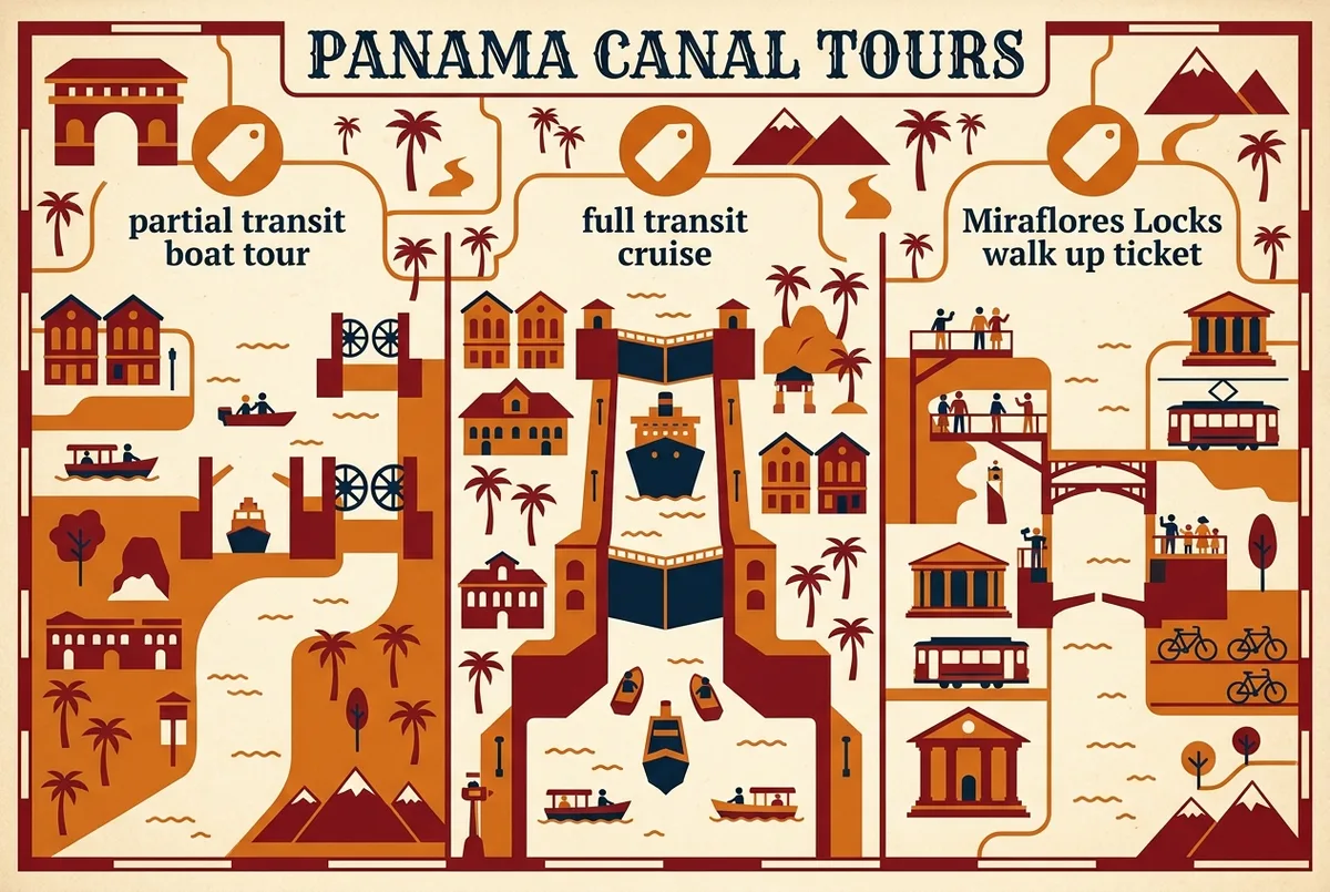 Infografia comparativa de precios ilustrando el tour canal de panama en sus tres niveles, entrada individual, transito parcial y transito completo, con etiquetas genericas de precio y duracion