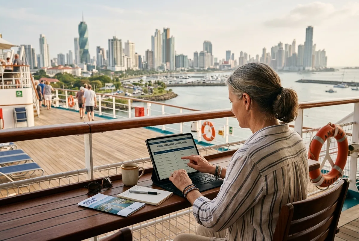 Reisende vergleicht auf einem Tablet Kabinenpreise fuer eine Panamakanal Kreuzfahrt an Bord eines Kreuzfahrtschiffs