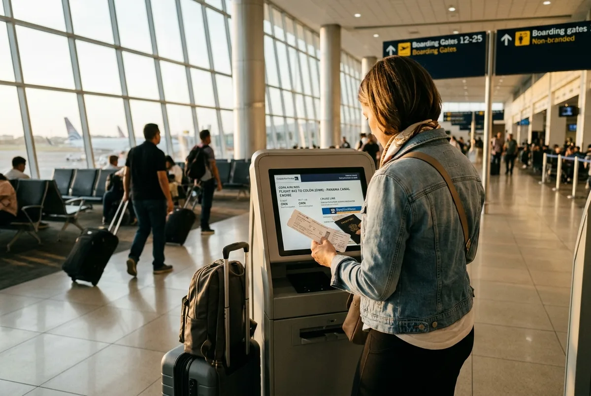 Reisende mit Koffer am Flughafen checkt Bordkarten fuer eine Kreuzfahrt Panamakanal mit Flug Reise vor dem Weiterflug zum Einschiffungshafen