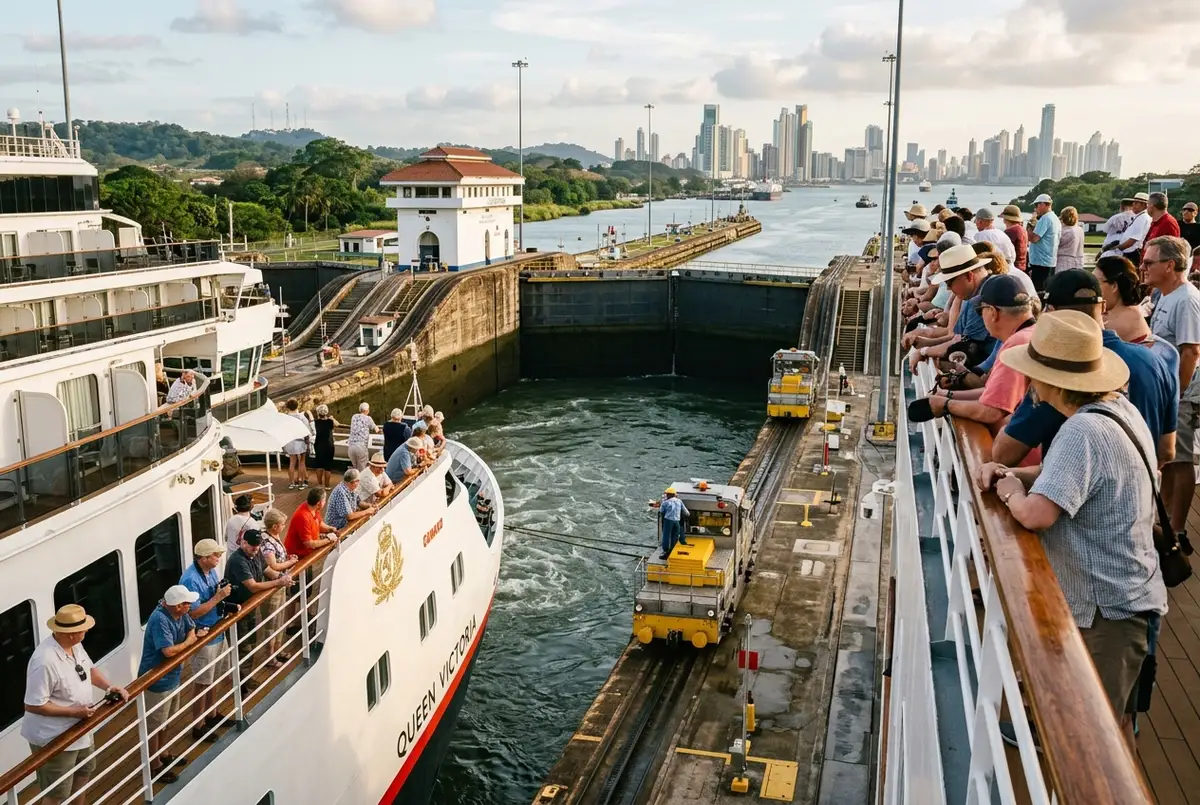 Crucero oceanico de gran tamano transitando las Esclusas de Miraflores durante un crucero canal de panama con pasajeros observando desde la cubierta