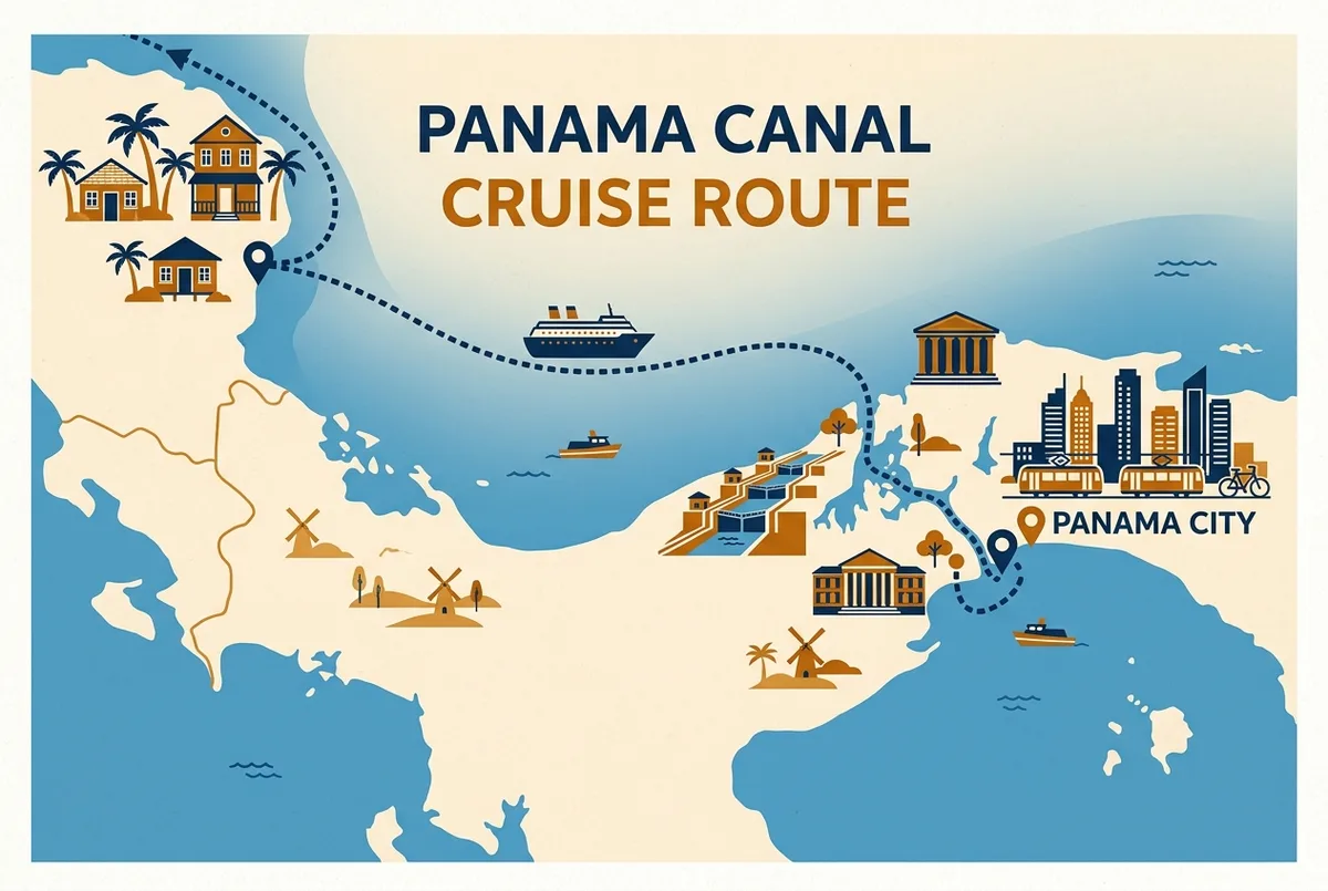 Mapa infografico comparando la ruta de un crucero de embarque desde Panama frente a la ruta de un crucero de transito que cruza el canal completo entre el Pacifico y el Caribe, con etiquetas genericas de puerto