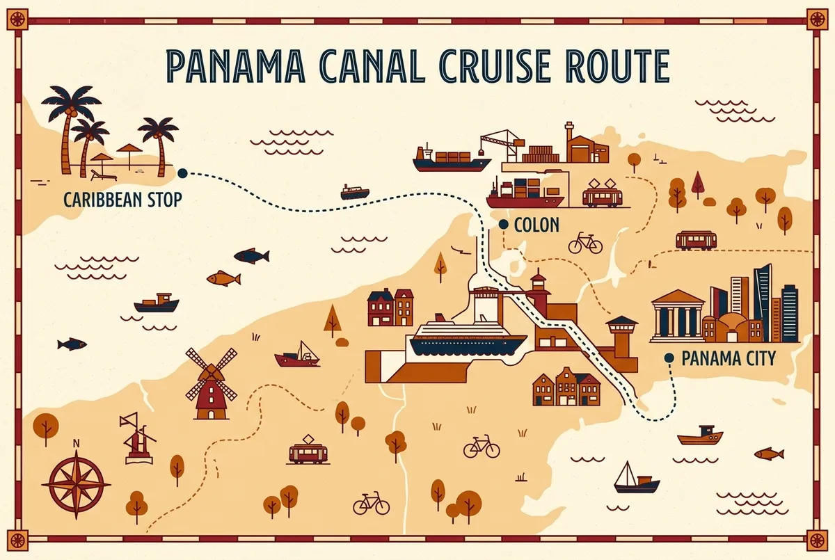 Einfache Routenkarte mit generischen Stationsbeschriftungen fuer Miami, Karibik, Panamakanal und Suedamerika entlang einer Panamakanal Kreuzfahrt Route