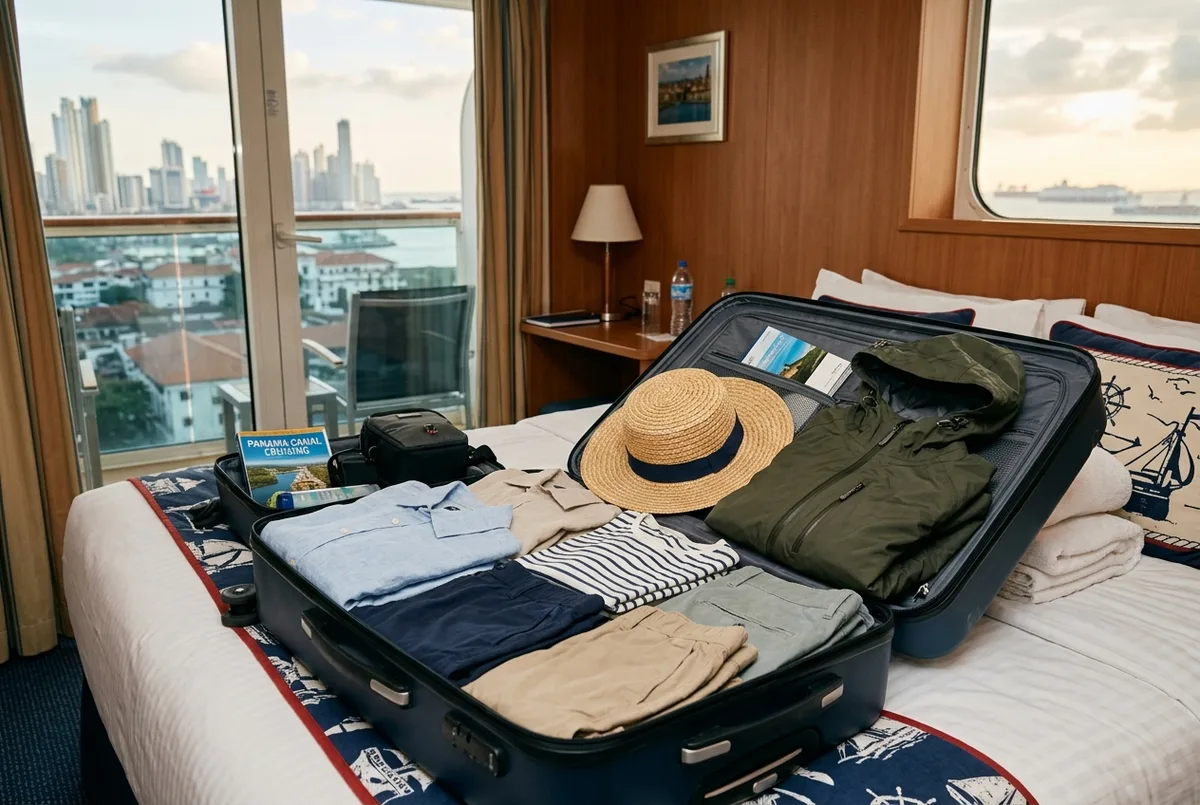 Open suitcase on a cruise cabin bed packed with lightweight travel clothes, sun hat and rain jacket for a panama canal cruise