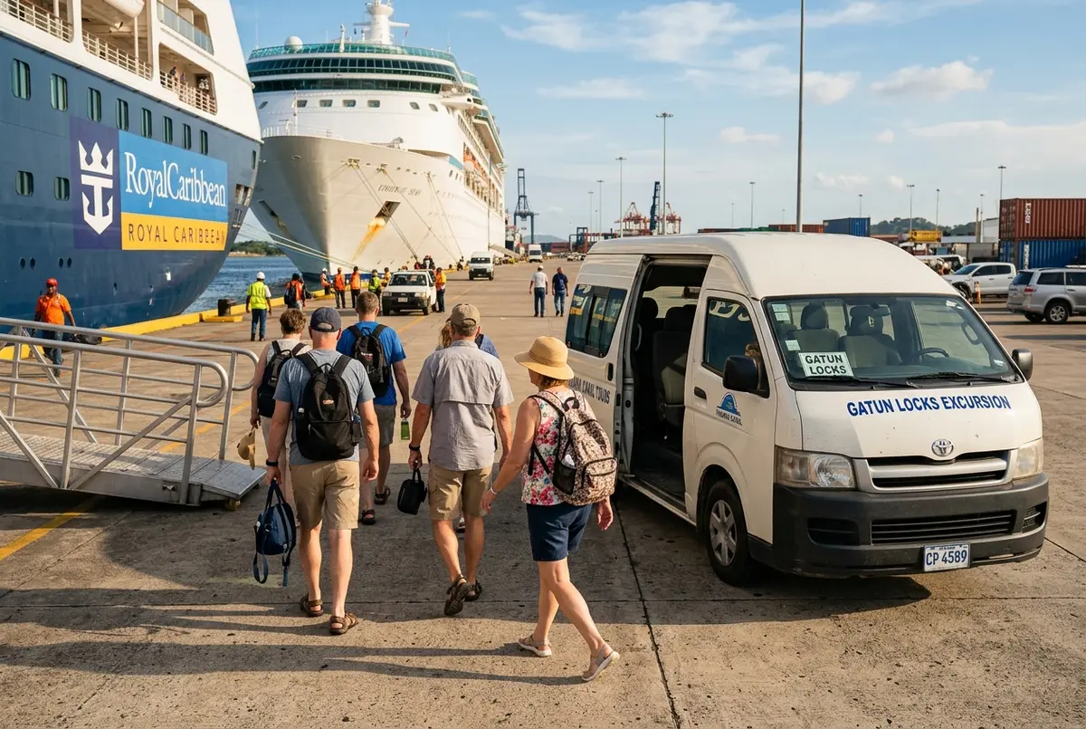 Cruise passengers stepping off the ship at the Colon dock to board an independent panama canal excursions van heading toward the Gatun Locks