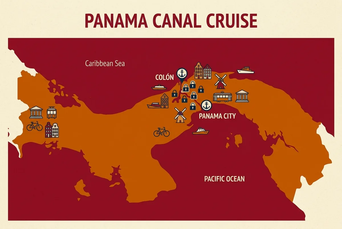 Simple map infographic showing the Colon and Panama City docking ports on opposite coasts connected by generic lock icon markers representing panama canal cruise ports and nearby excursion sites