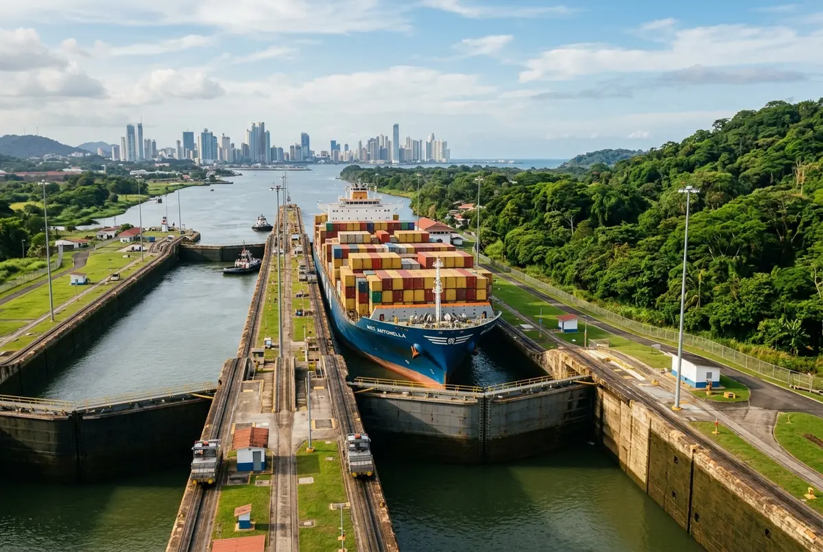 Buque de carga subiendo dentro de una cámara de esclusa del Canal de Panamá mientras el agua sube alrededor del casco bajo un cielo tropical despejado