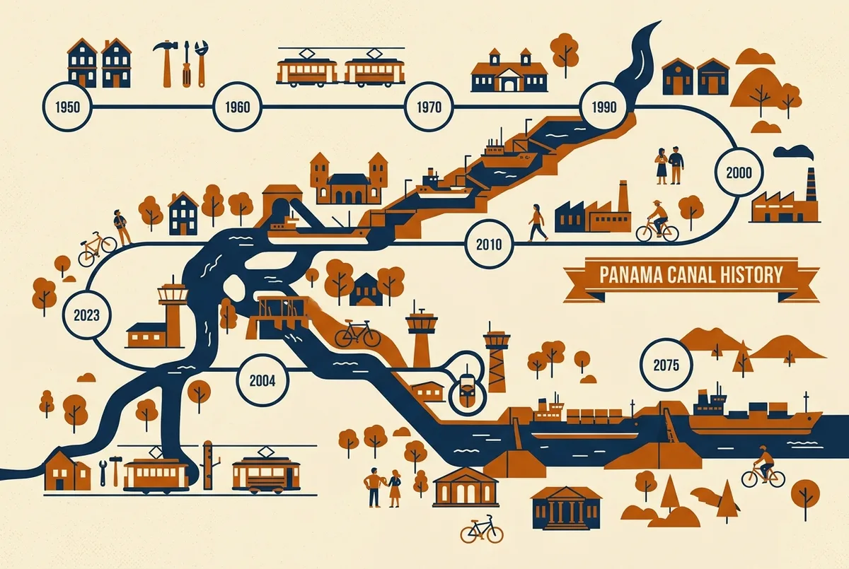 Infografía con corte transversal genérico del sistema de esclusas del Canal de Panamá mostrando cómo el agua por gravedad sube y baja un barco entre dos niveles