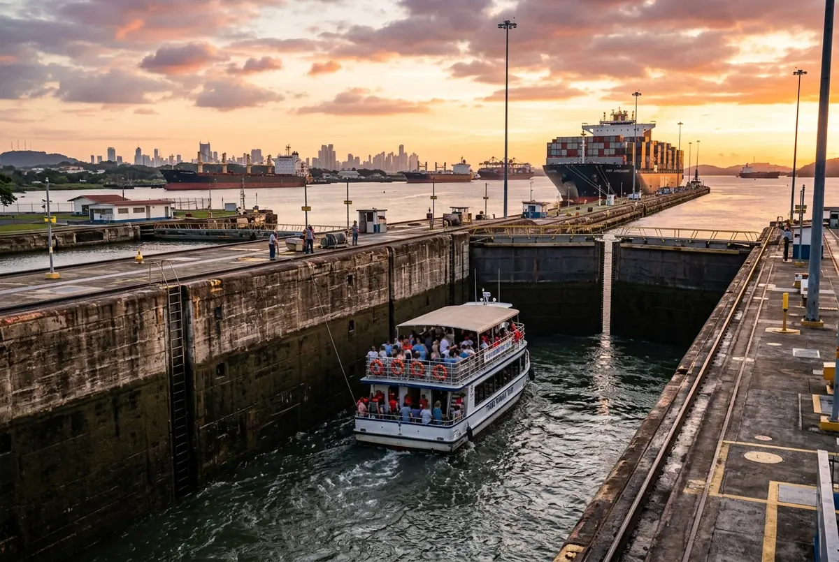 Barco de pasajeros navegando en un transito completo por el canal de panama, cruzando las Esclusas de Gatún al atardecer con selva tropical al fondo