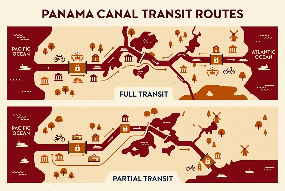 Mapa infográfico mostrando la ruta completa del canal de Panamá desde el Pacífico hasta el Atlántico, marcando las tres esclusas Miraflores, Pedro Miguel y Gatún con etiquetas genéricas de ubicación