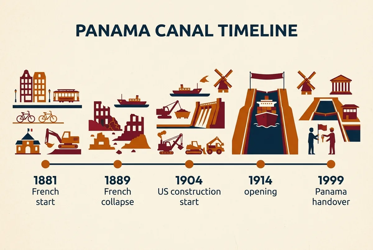 Línea de tiempo infográfica genérica con hitos de la historia del Canal de Panamá desde el intento francés hasta la entrega a Panamá, con íconos simples sin fechas destacadas como texto principal