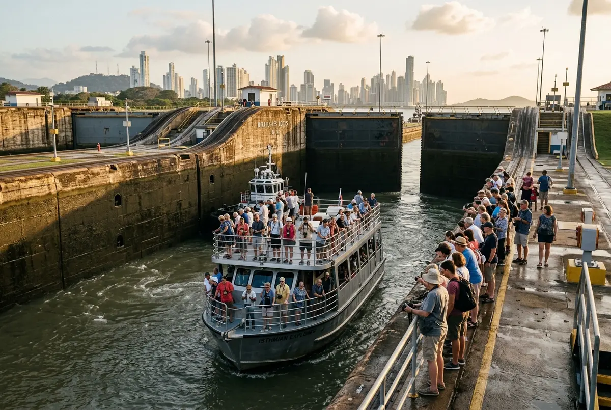 Embarcación pequeña de un panama canal tours pacific queen subiendo dentro de la cámara de las Esclusas de Miraflores con pasajeros observando desde la baranda