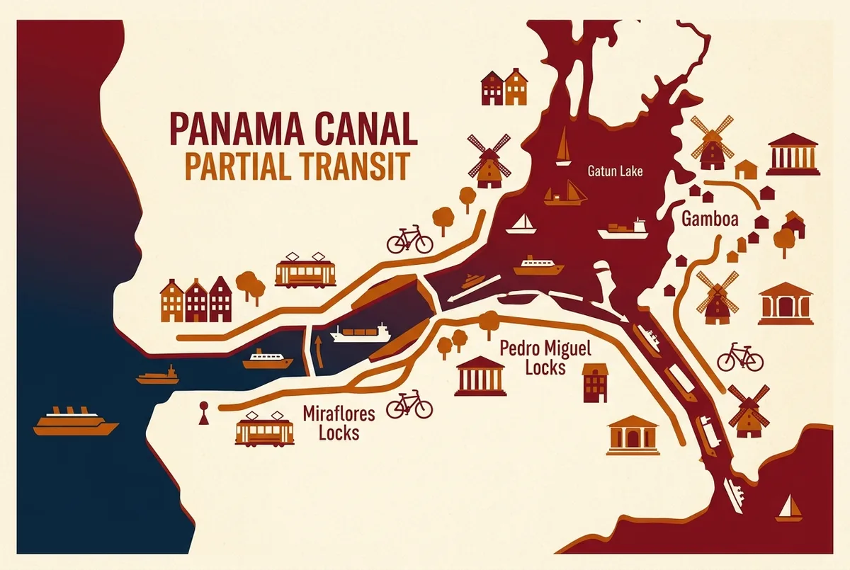 Mapa de ruta mostrando el recorrido del tour parcial por el canal de Panamá desde el lado Pacífico a través de las Esclusas de Miraflores y Pedro Miguel hasta el Lago Gatún, terminando en Gamboa, con etiquetas genéricas de ubicación