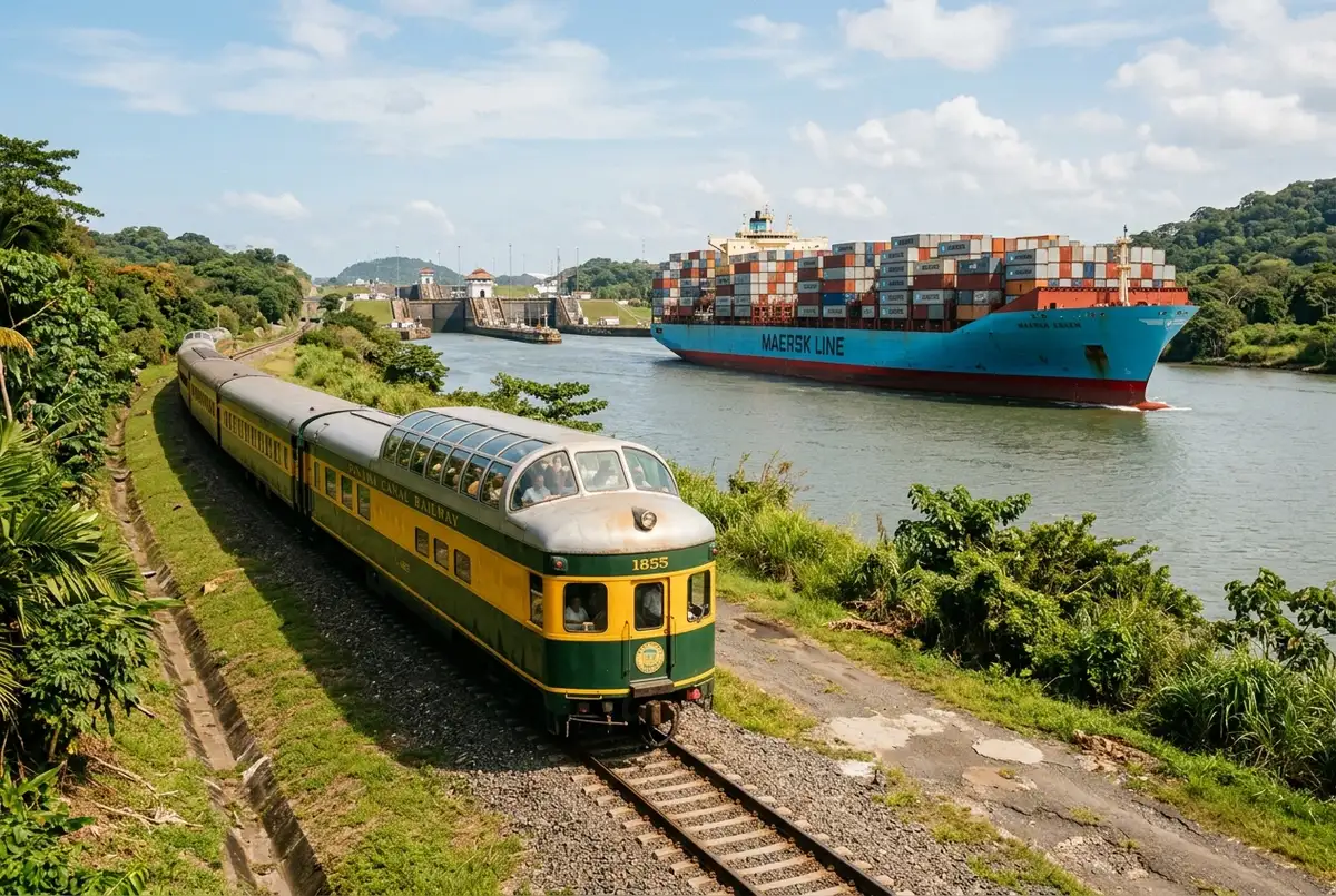 Vintage glass domed railcar on a panama canal train tour rolling along tracks beside the canal with a cargo ship passing in the background at midday