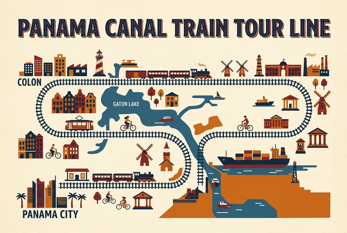 Simple route map infographic showing the panama canal train tour line running between Panama City and Colon alongside Gatun Lake, using generic station icon labels only