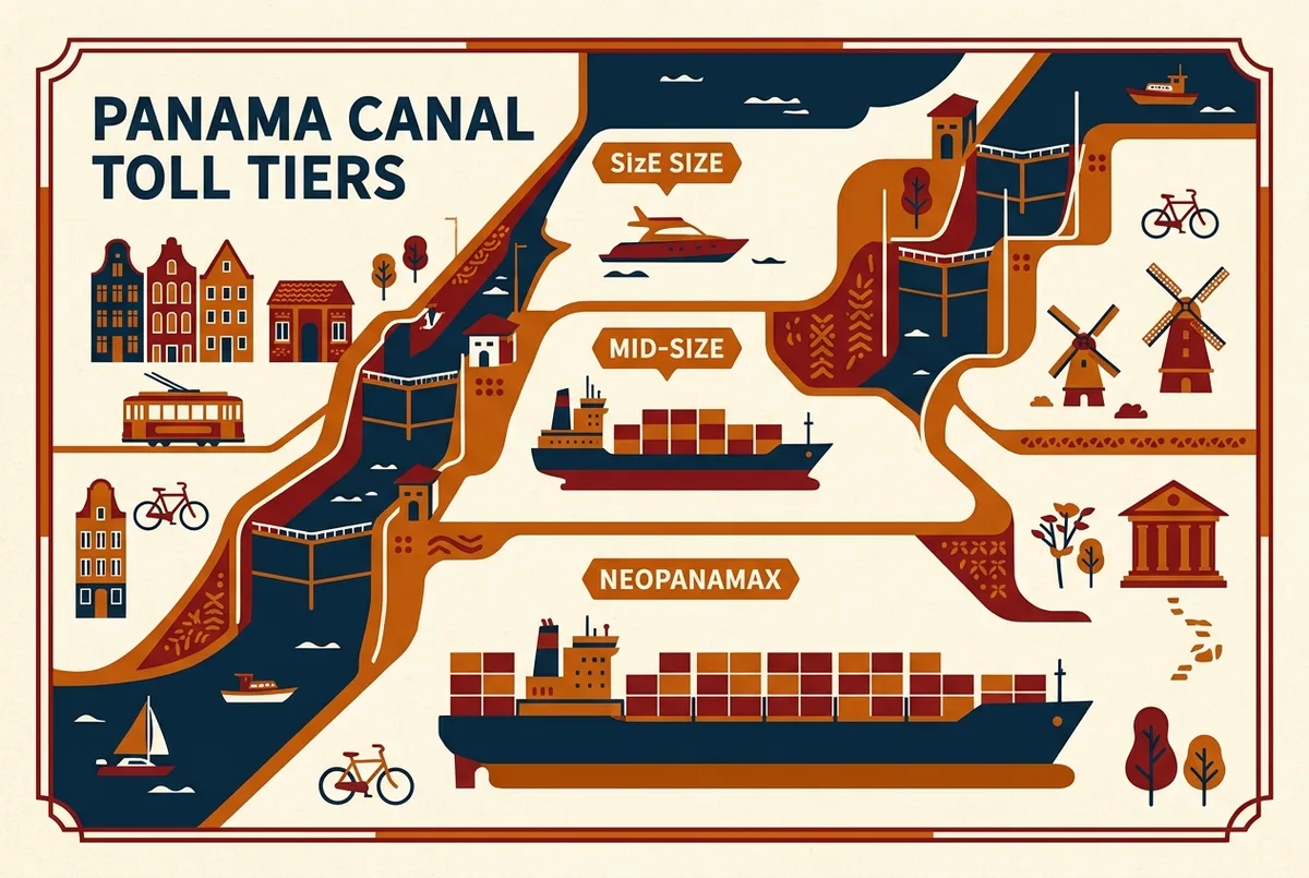 Simple infographic showing panama canal toll pricing tiers by vessel size, from a small private yacht through a mid size container ship to the largest Neopanamax vessel, using generic size labels only
