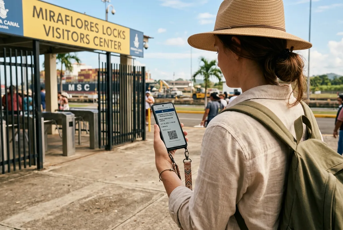 Reisender haelt am Ticketschalter der Miraflores Schleusen ein Smartphone mit einer Panamakanal Tour Buchen Bestaetigung in der Hand, Schleusenkammer im Hintergrund
