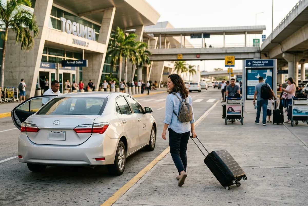 Traveler wheeling a suitcase past a rideshare car outside the Tocumen airport terminal before heading out on a panama canal tour from airport