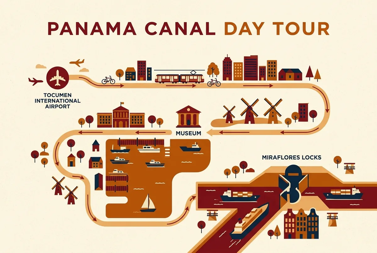 Simple route map infographic showing the drive from Tocumen International Airport to the Miraflores Locks for a panama canal tour from airport, with generic distance and time labels