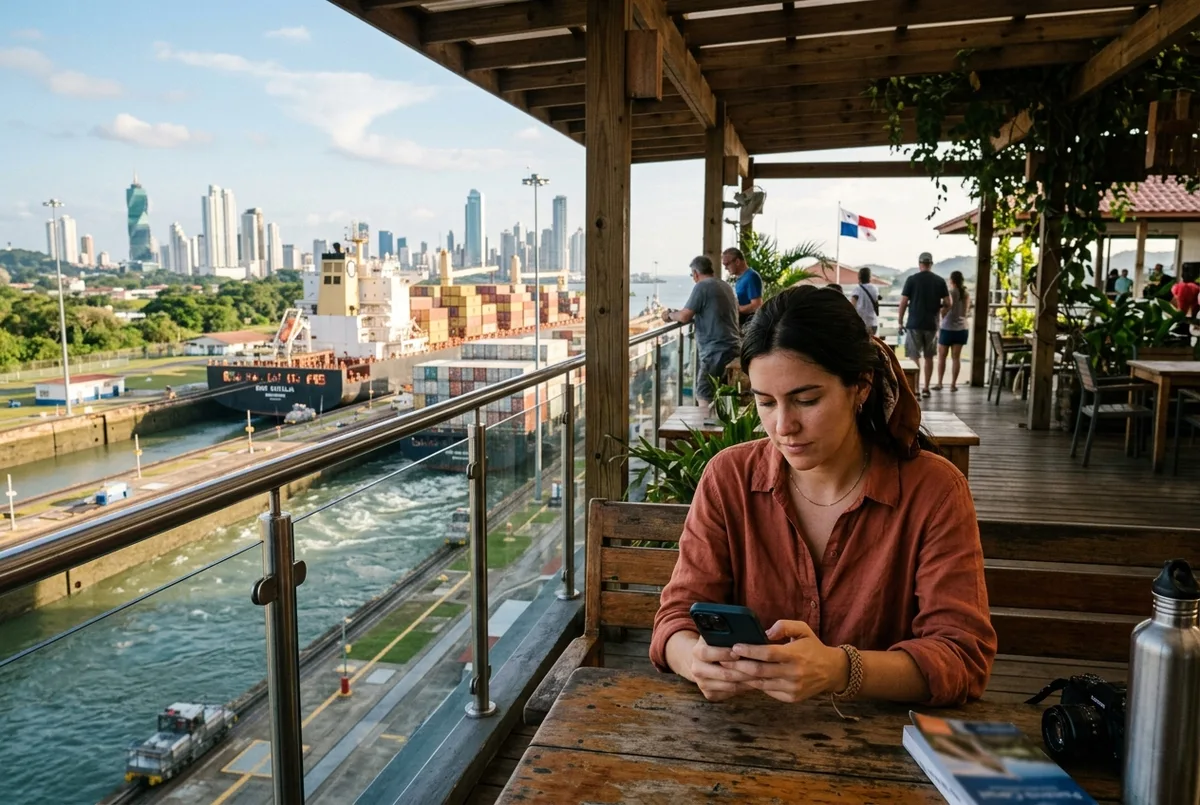 Traveler checking phone reviews on a shaded observation terrace at Miraflores Locks while researching panama canal tour reddit feedback
